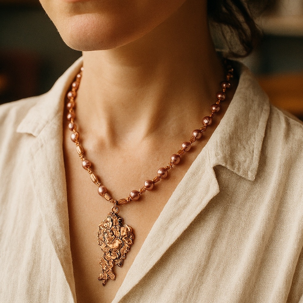 Copper Bead Necklace Pendant Artisan made 18” long NEW